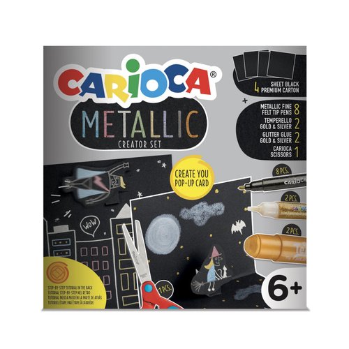 Set Carioca Metallic Pop Up Creator 17 Pcs
4X Hojas Premium Negras
8X Rotuladores Metallic
2X Temper