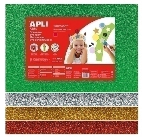 Goma Eva Apli Hoja 40X60 Cm Purpurina 5 Hojas (Oro, Plata, Verde, Azul Y Oro)