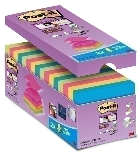 Notes Adhesives Post-It 90H Z Notas 76X76 (R330) Super Sticky Colors Assortits Pack De 16 (14+2)