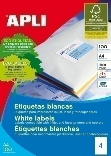 Etiquetes Adh.Impr.Apli A4 Blanca C.Rectes Caixa 100H 105X 74 Mm 800 Uts.(01279)