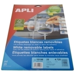Etiquetes Adh.Impr.Apli A4 Blanca C.Romos Removible Blister 25H 25,4X10 Mm 4.725 Uts.(10198)