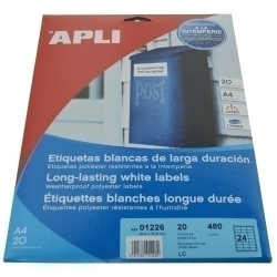Etiquetes Adh.Impr.Apli A4 Polyester Mate Resistent Intemperie Ls-Cp Blister 20H Blanc 64,6X33,8 Mm