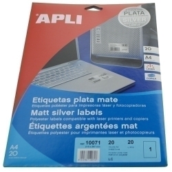 Etiquetes Adh.Impr.Apli A4 Polyester Mate Resistent Intemperie Ls-Cp Blister 20H Plata 210X297 Mm C.