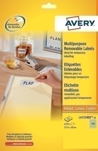 Etiquetes Adh.Impr.Avery A4 Blanca C.Romos Removible Caixa 25H 25,4X10 Mm 4.725 Uts.(L4731Rev)