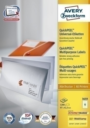 Etiquetes Adh.Impr.Avery A4 Blanca C.Rectes Caixa 100H 97X42,3 Mm 1.200 Uts.(3659)