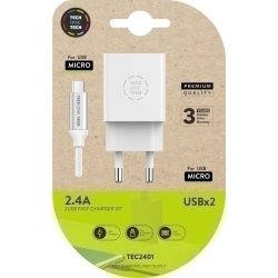 Carregador Tech-One-Tech Doble Paret Blanc + Cable Usb-Usb Micro Alt Rendiment 2,4A