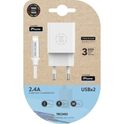 Carregador Tech-One-Tech Doble Paret Blanc + Cable Usb-Lightning Alt Rendiment 2,4A