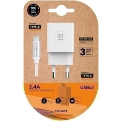 Carregador Tech-One-Tech Doble Paret Blanc + Cable Usb-Usb-C Alt Rendiment 2,4A