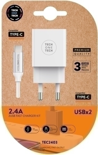 Carregador Tech-One-Tech Doble Paret Blanc + Cable Usb-Usb-C Alt Rendiment 2,4A