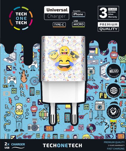 Carregador Tech-One-Tech Doble De Paret 2Xusb Emojitech Smile Alt Rendiment 2,4A