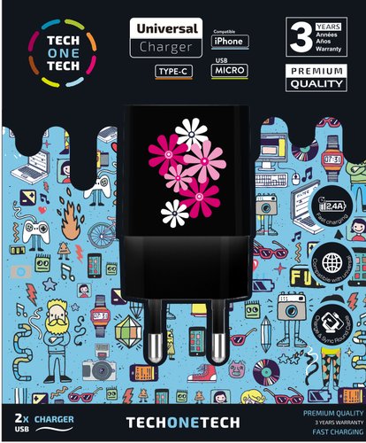 Carregador Tech-One-Tech Doble De Paret 2Xusb Black Fower Power Alt Rendiment 2,4A