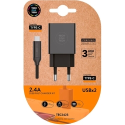 Carregador Tech-One-Tech Doble Paret Negre + Cable Usb-Usb-C Alt Rendiment 2,4A
